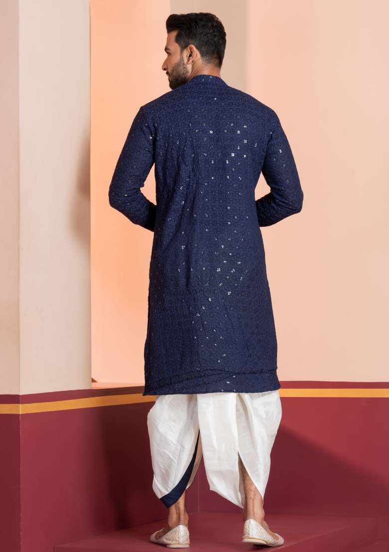 Navy Blue Embroidered Cotton Kurta For Men - Indya