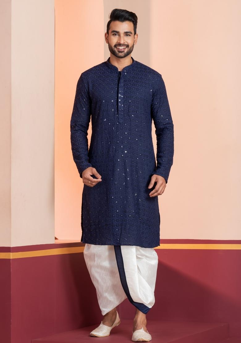Navy Blue Embroidered Cotton Kurta For Men - Indya