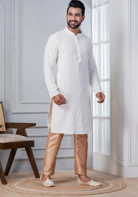 White Embroidered Cotton Kurta For Men