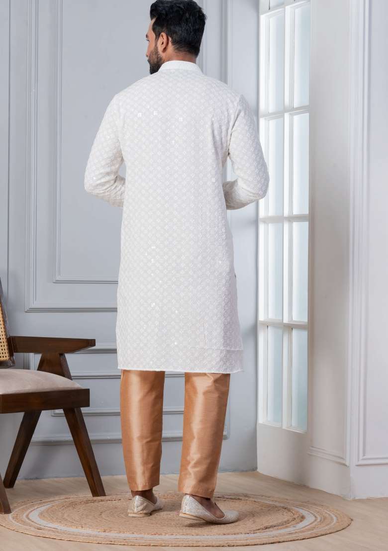 White Embroidered Cotton Kurta For Men - Indya