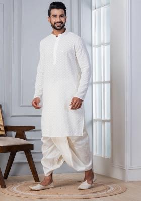 White Embroidered Cotton Kurta For Men