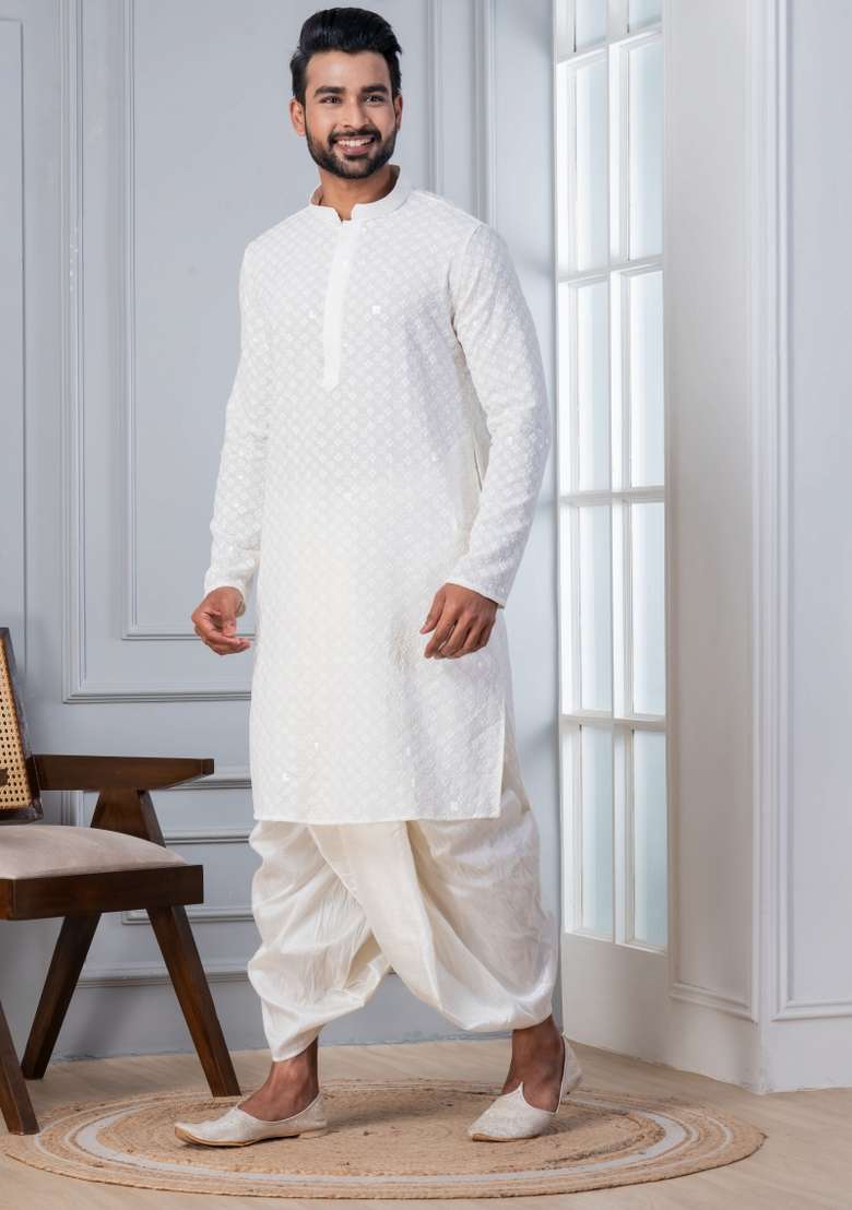White Embroidered Cotton Kurta For Men - Indya