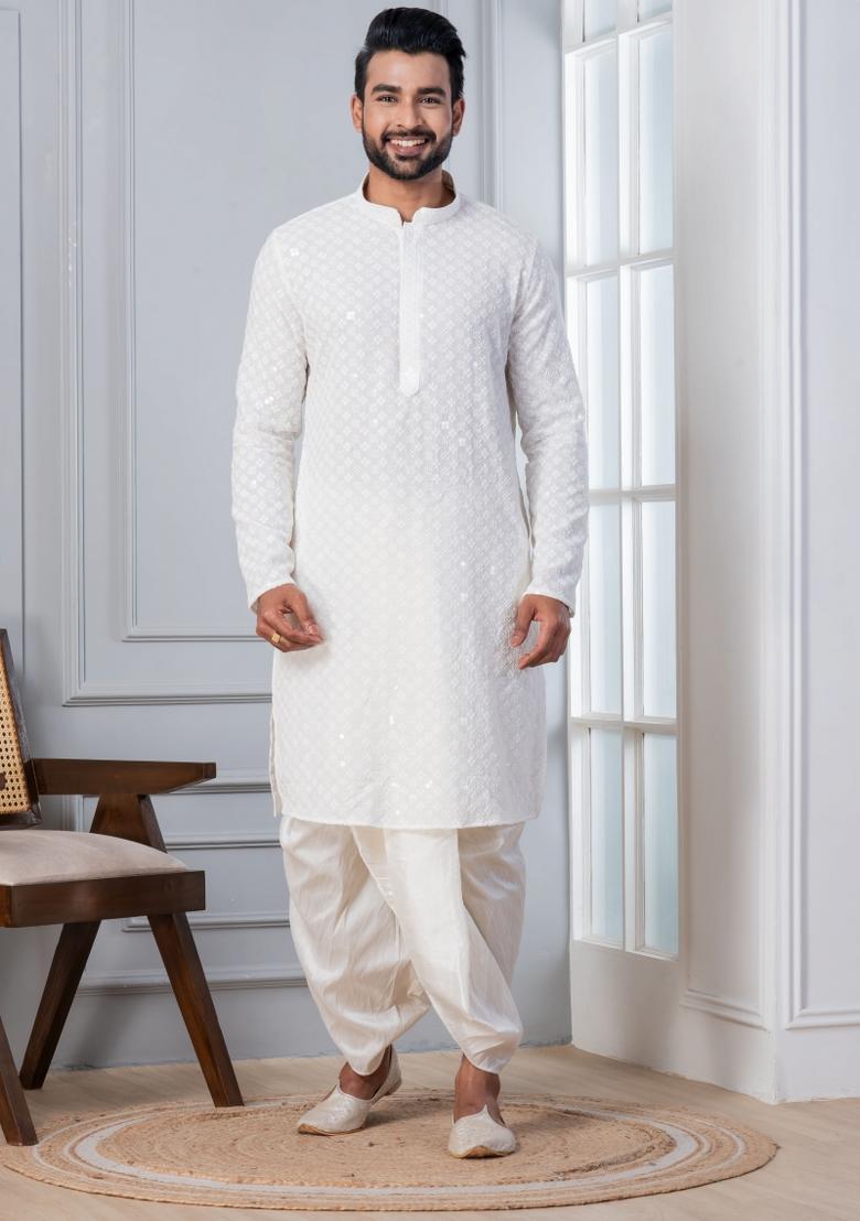 White Embroidered Cotton Kurta For Men - Indya