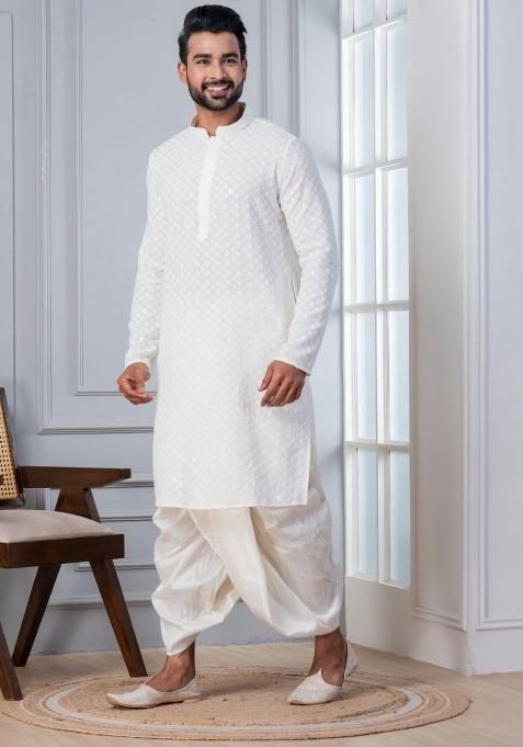 White Embroidered Cotton Kurta For Men