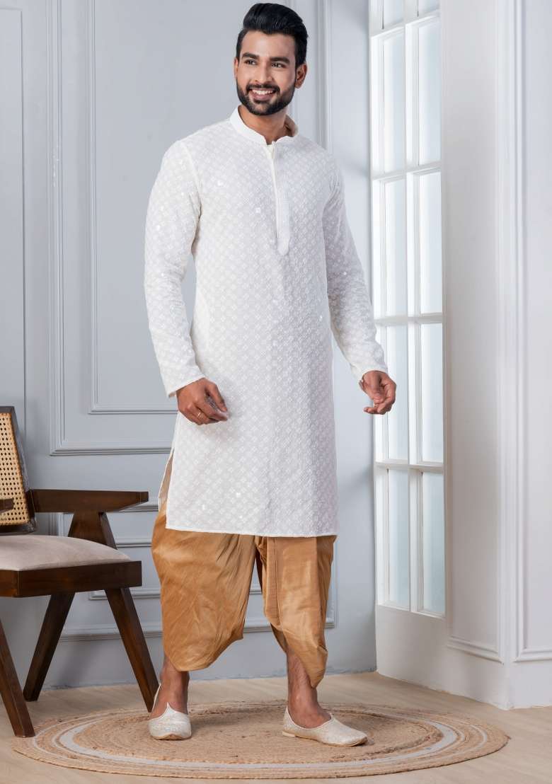 White Embroidered Cotton Kurta For Men - Indya