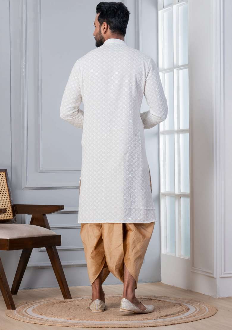 White Embroidered Cotton Kurta For Men - Indya