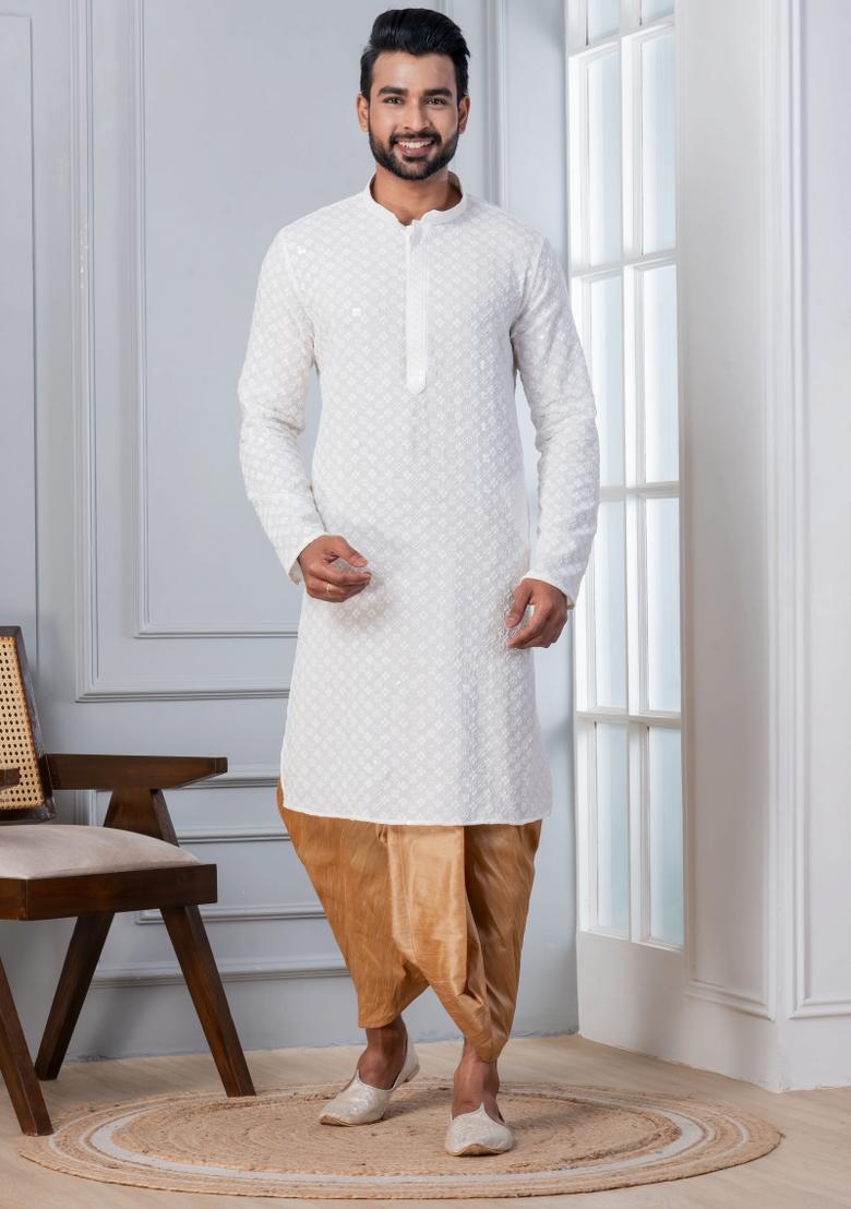 White Embroidered Cotton Kurta For Men - Indya