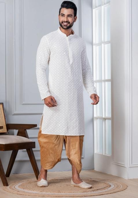 White Embroidered Cotton Kurta For Men
