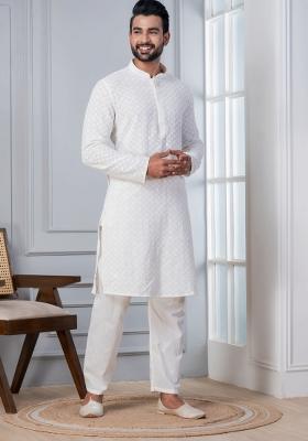 White Embroidered Cotton Kurta Set For Men