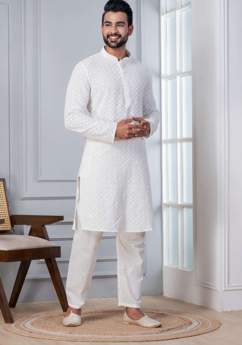 White Embroidered Cotton Kurta Set For Men - Indya
