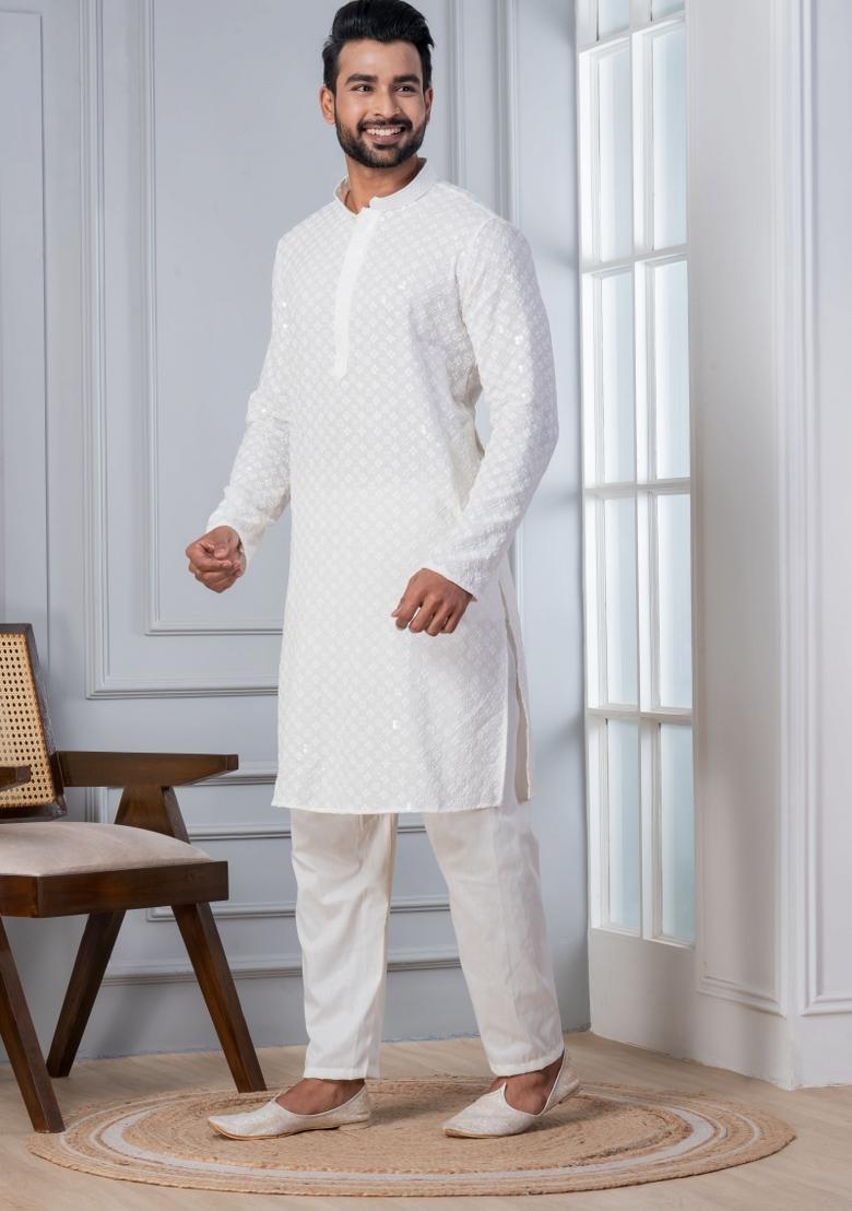 White Embroidered Cotton Kurta Set For Men - Indya