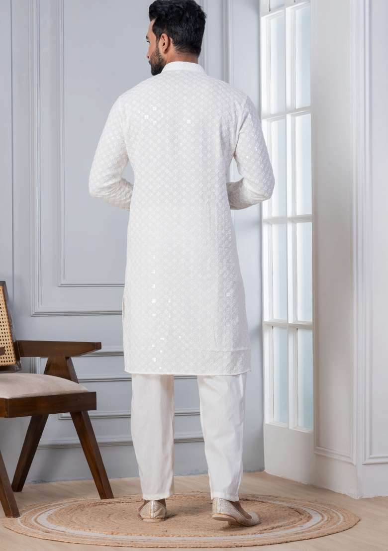 White Embroidered Cotton Kurta Set For Men - Indya