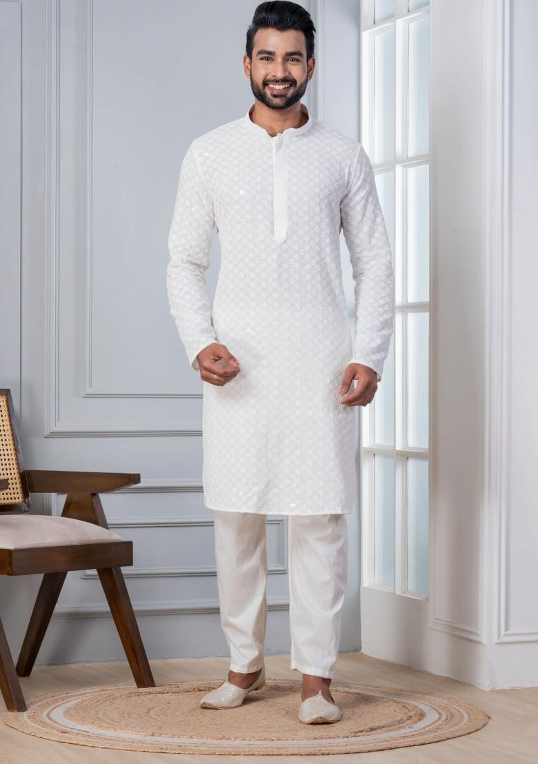 White Embroidered Cotton Kurta Set For Men - Indya