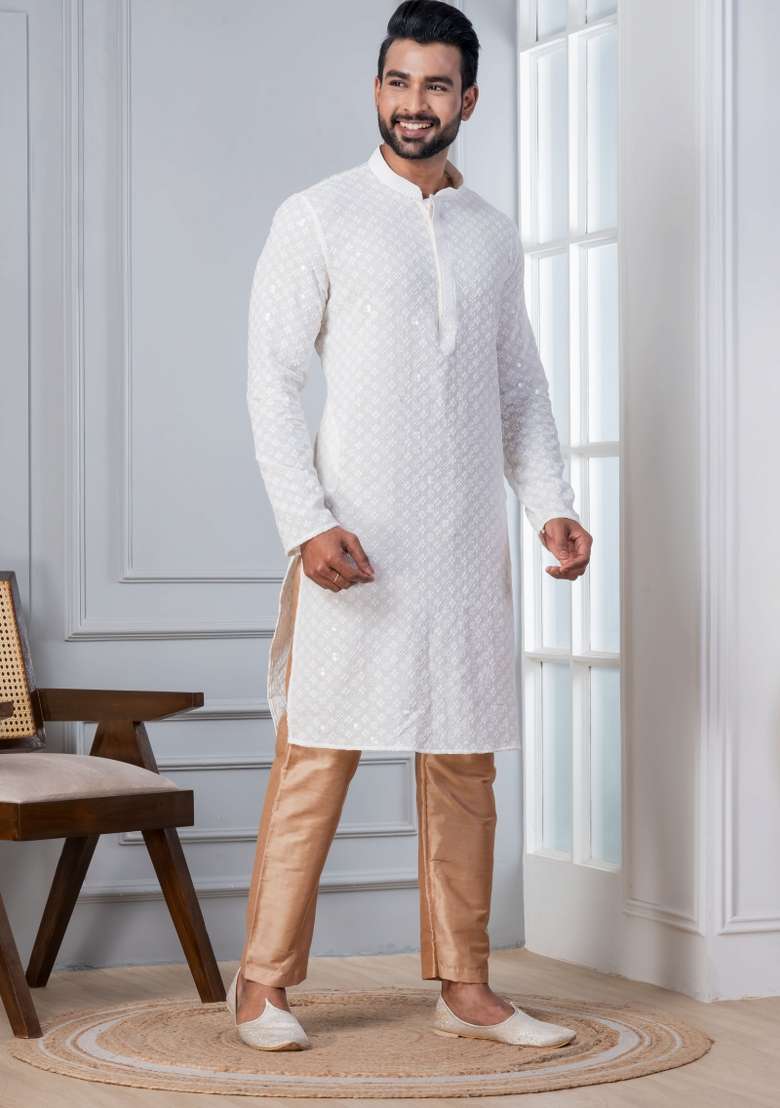 White Embroidered Cotton Kurta Set For Men - Indya