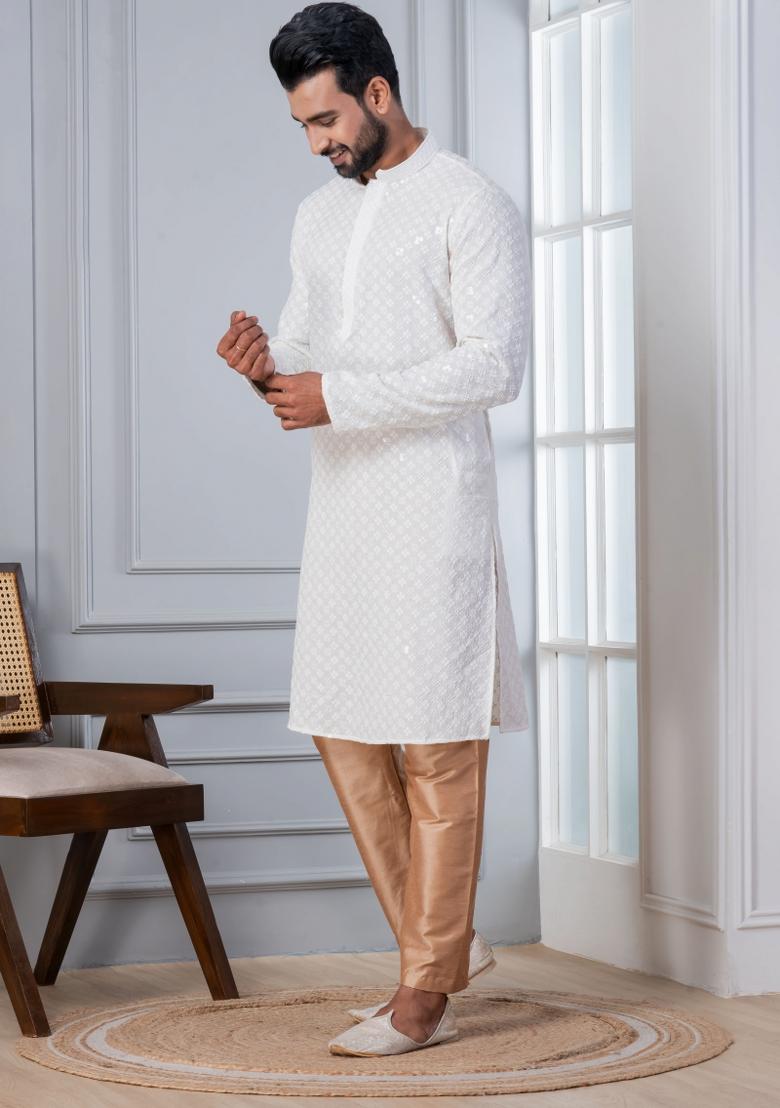 White Embroidered Cotton Kurta Set For Men - Indya