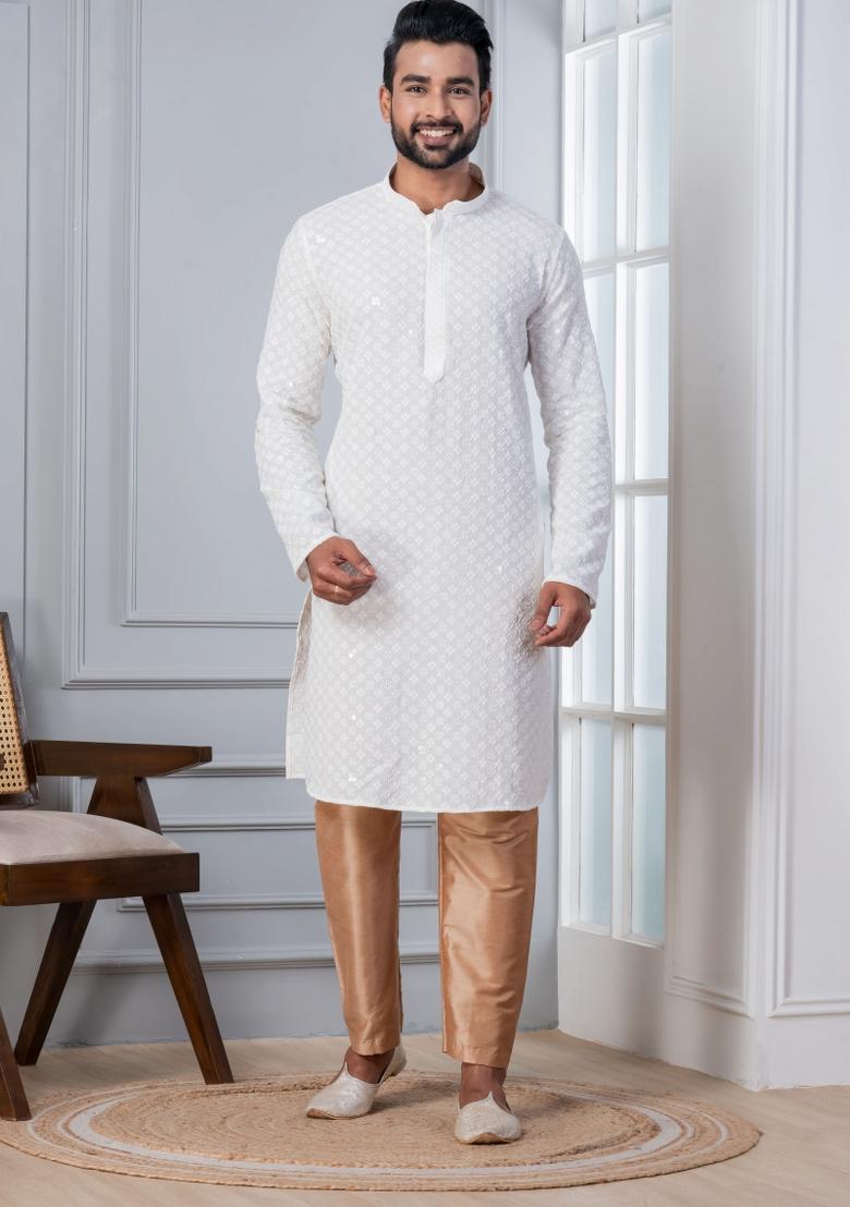 White Embroidered Cotton Kurta Set For Men - Indya