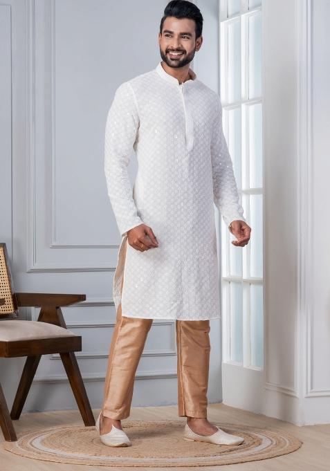 White Embroidered Cotton Kurta Set For Men