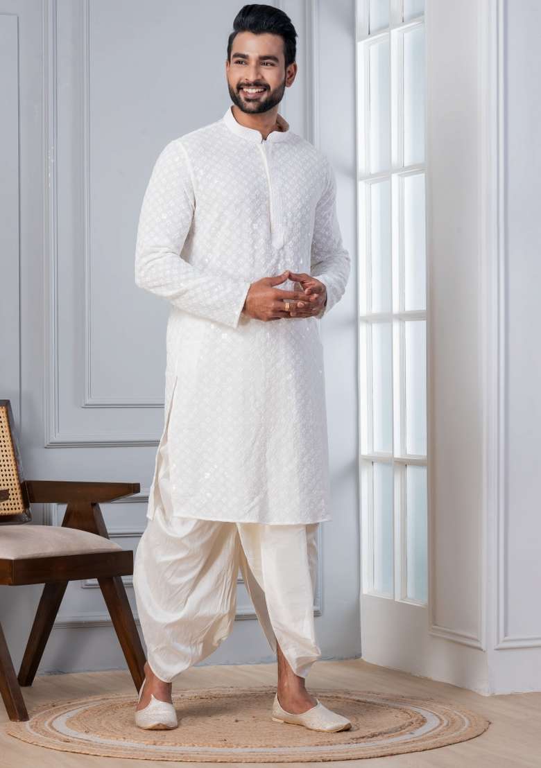 White Embroidered Cotton Kurta Dhoti Set For Men - Indya