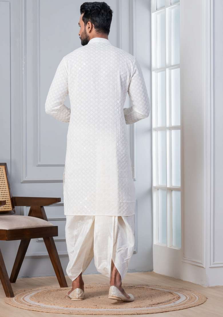 White Embroidered Cotton Kurta Dhoti Set For Men - Indya