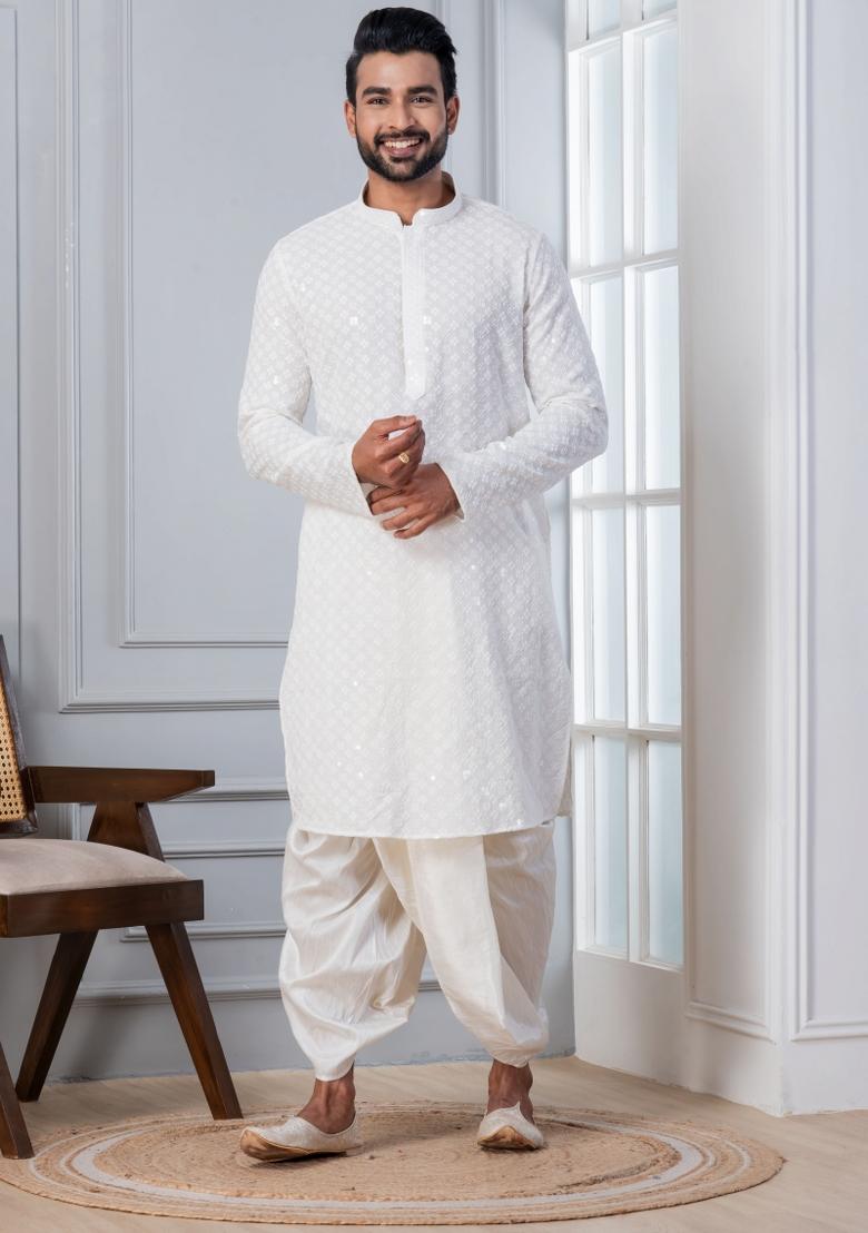 White Embroidered Cotton Kurta Dhoti Set For Men - Indya
