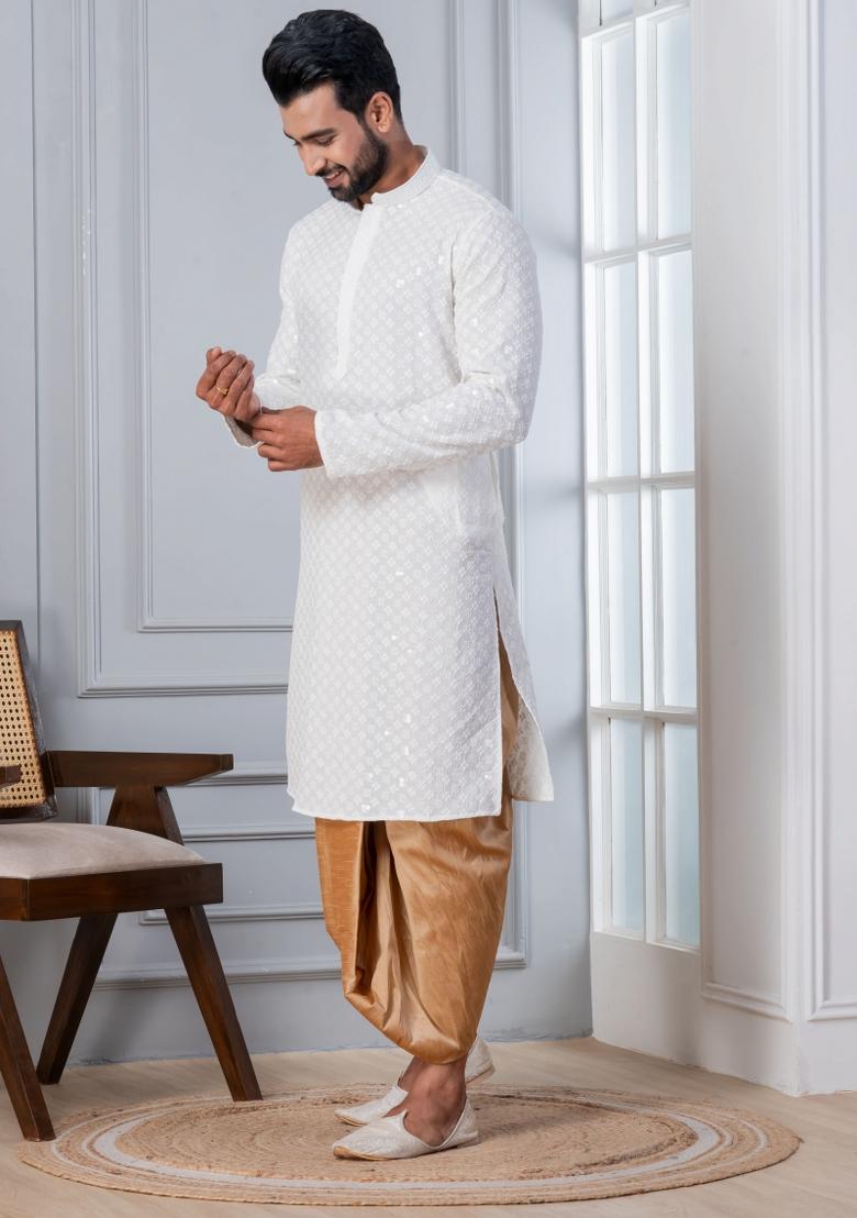 White Embroidered Cotton Kurta Dhoti Set For Men - Indya