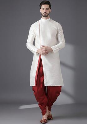 White Embroidery Silk Kurta Set For Men