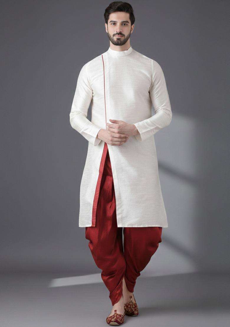 White Embroidery Silk Blend Kurta Set For Men - Indya