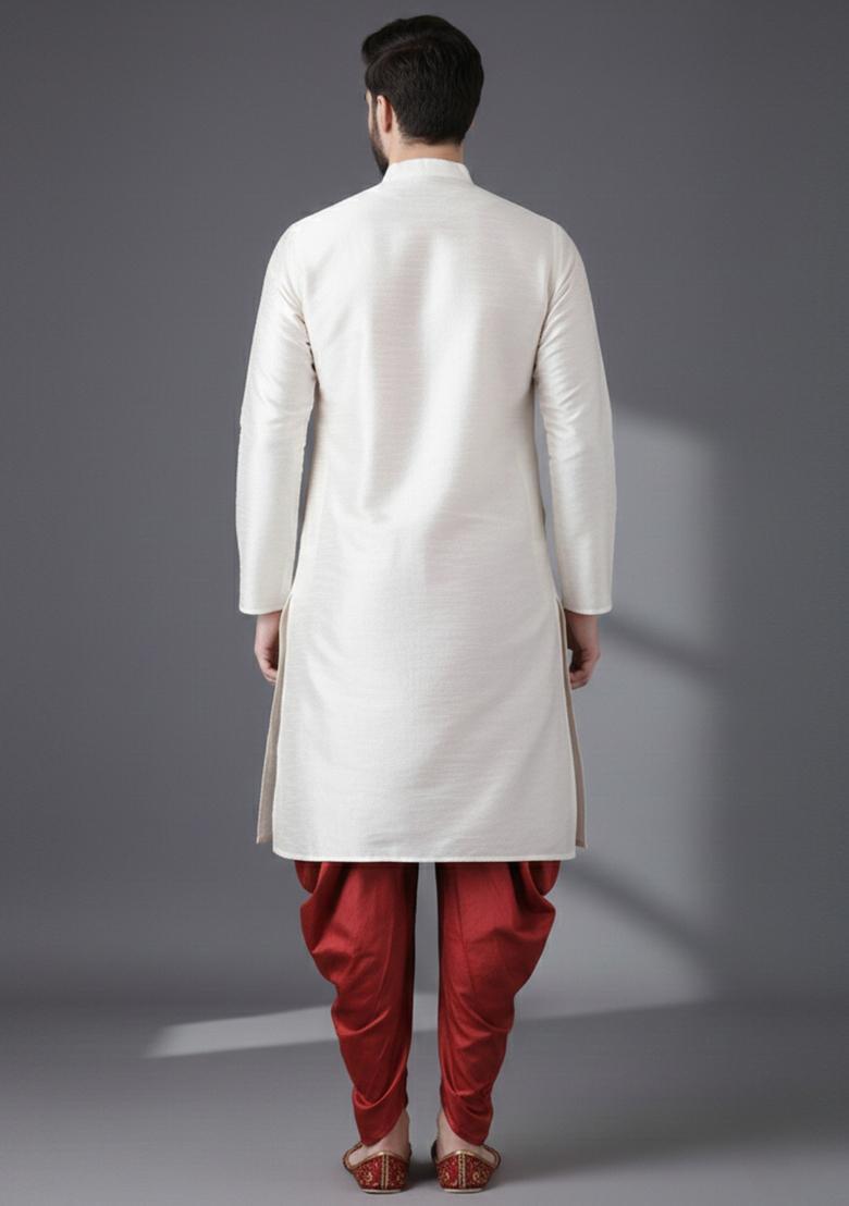 White Embroidery Silk Kurta Set For Men - Indya