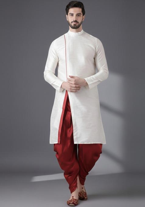 White Embroidery Silk Kurta Set For Men
