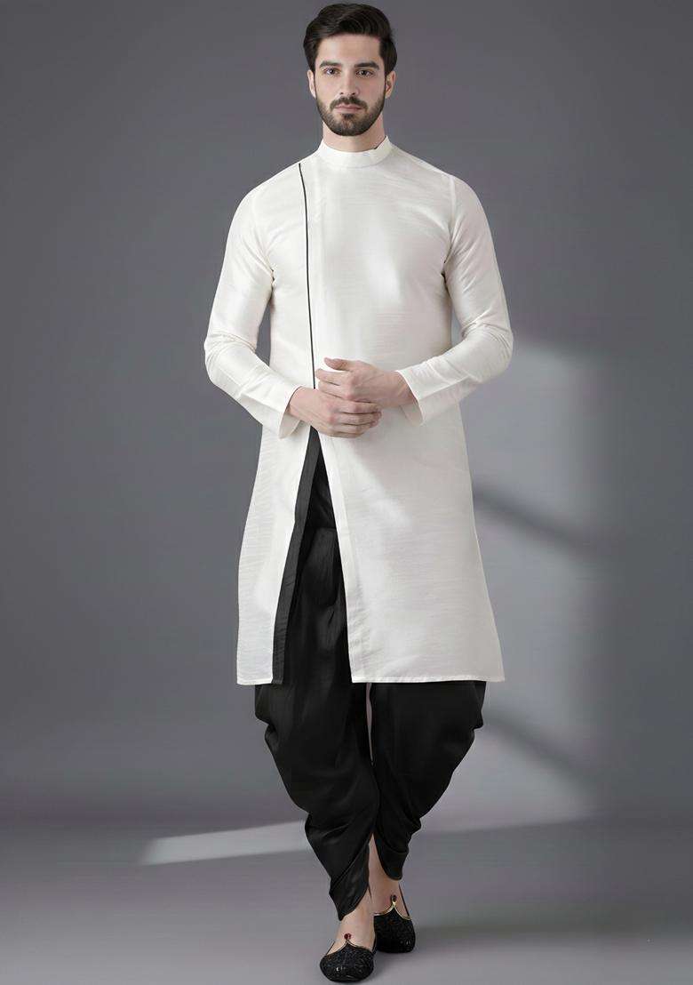 White Embroidery Silk Blend Kurta Set For Men - Indya