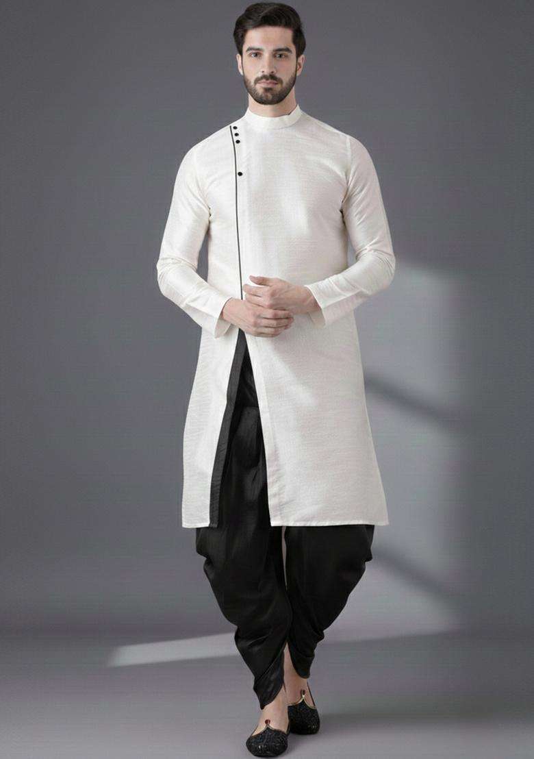 White Embroidery Silk Blend Kurta Set For Men - Indya