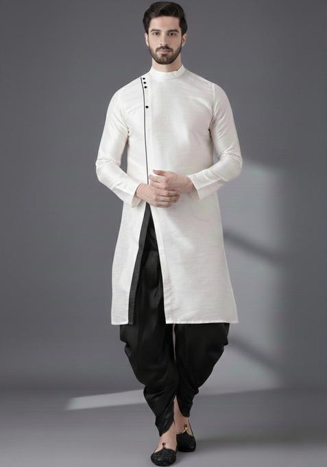White Embroidery Silk Kurta Set For Men