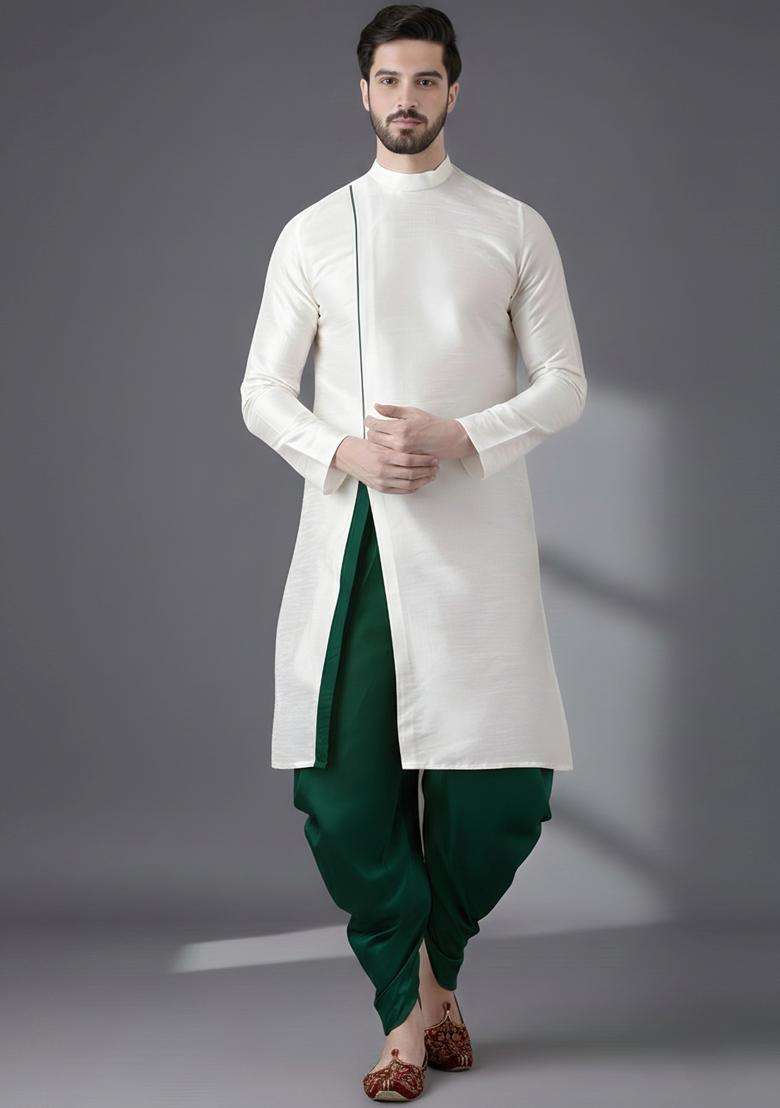 White Embroidery Silk Blend Kurta Set For Men - Indya