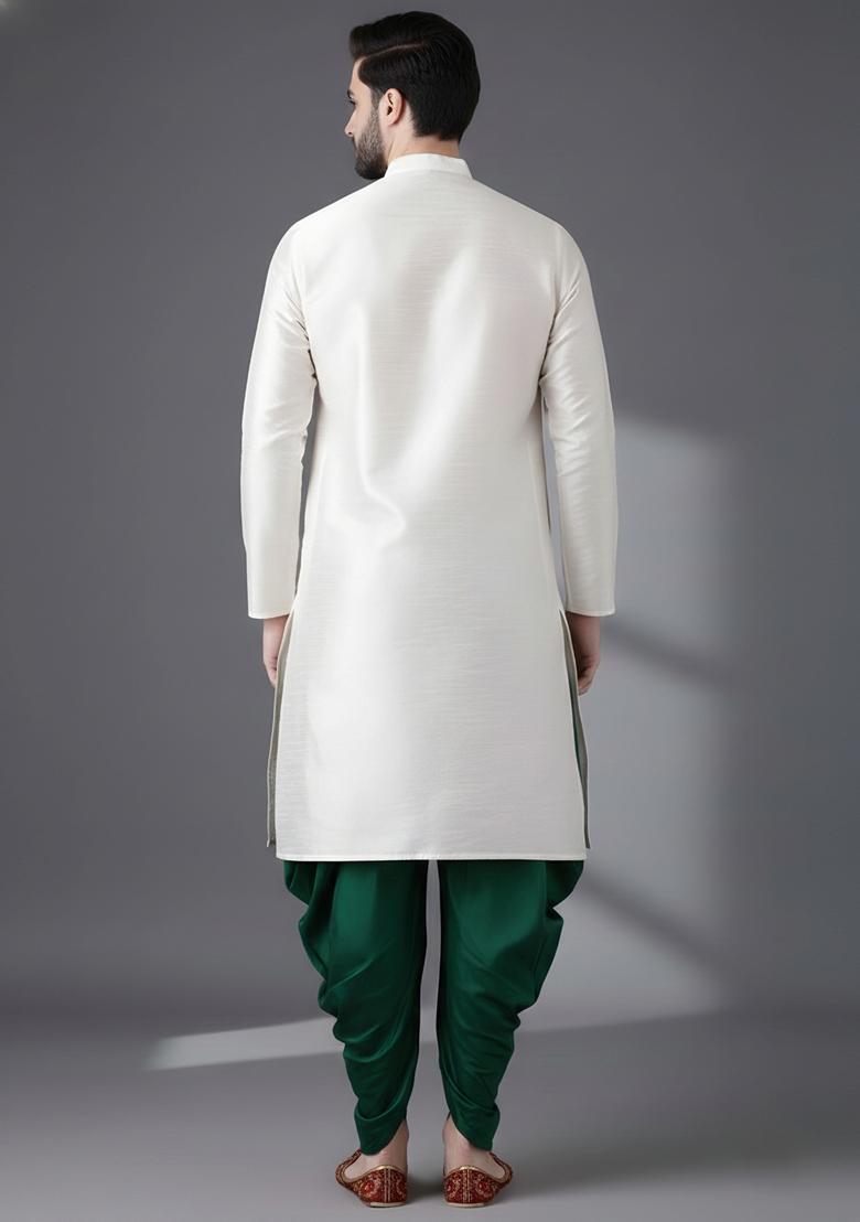 White Embroidery Silk Kurta Set For Men - Indya
