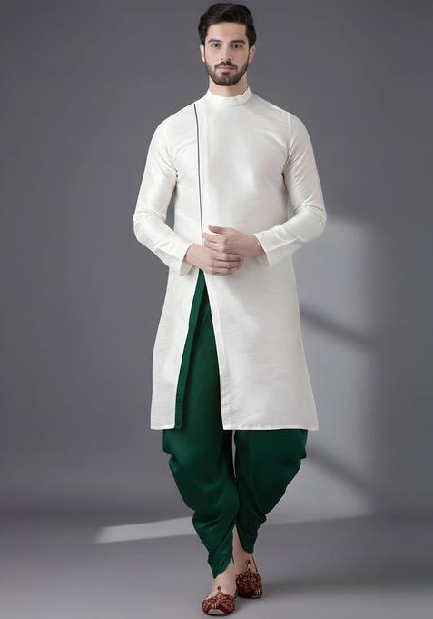 White Embroidery Silk Kurta Set For Men