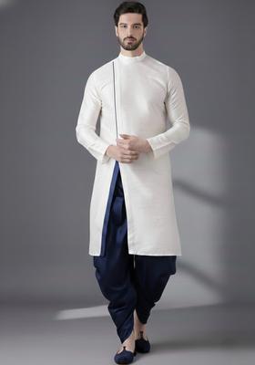 White Embroidery Silk Kurta Set For Men