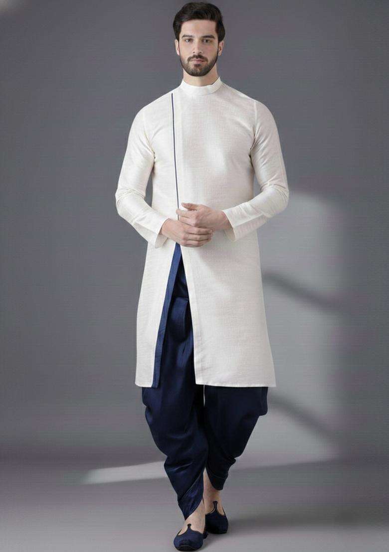 White Embroidery Silk Blend Kurta Set For Men - Indya