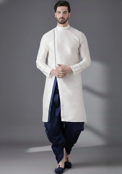 White Embroidery Silk Kurta Set For Men