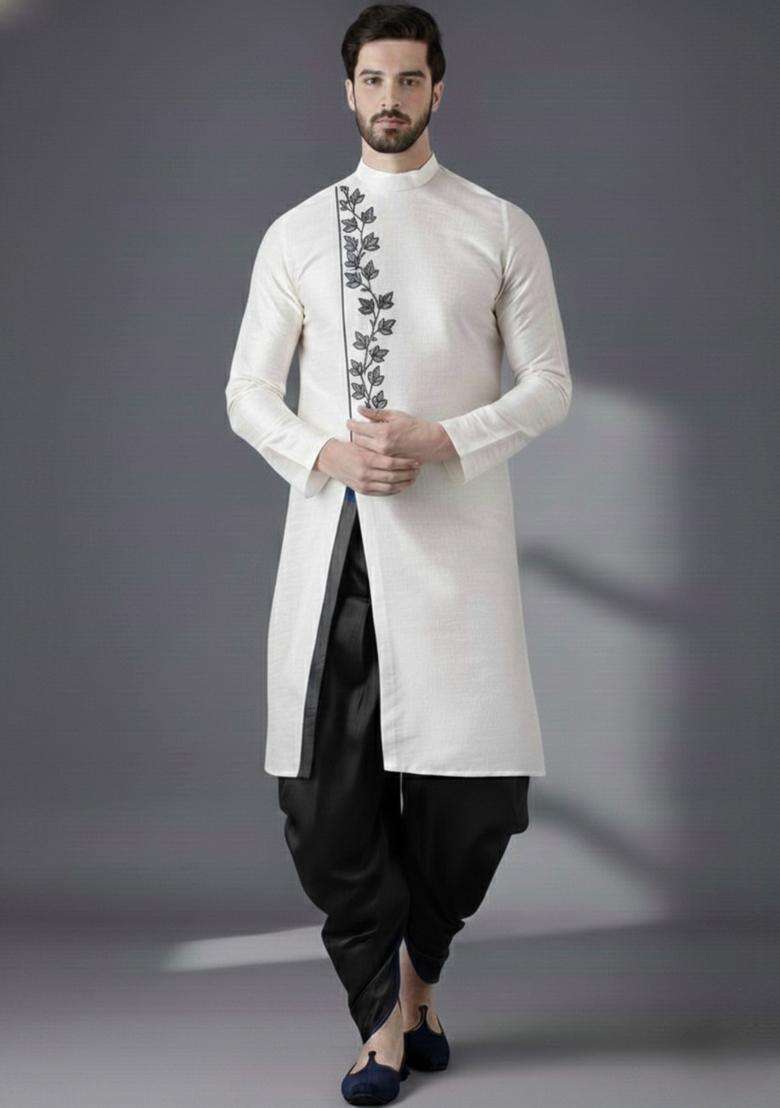 White Embroidery Silk Blend Kurta Set For Men - Indya