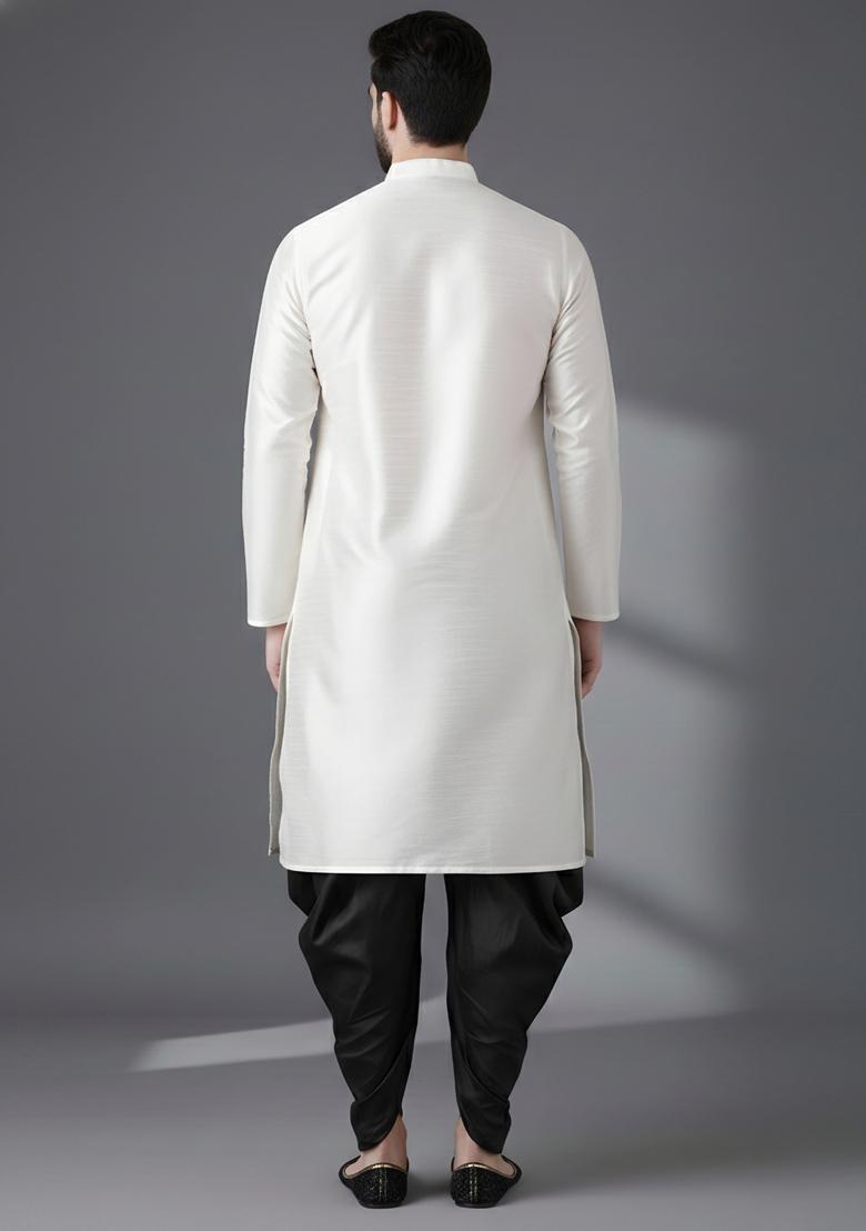 White Embroidery Silk Kurta Set For Men - Indya
