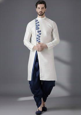 White Embroidery Silk Kurta Set For Men