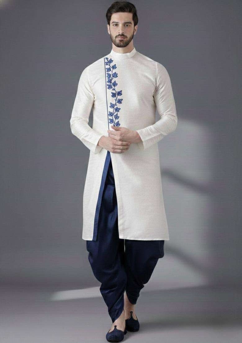 White Embroidery Silk Blend Kurta Set For Men - Indya