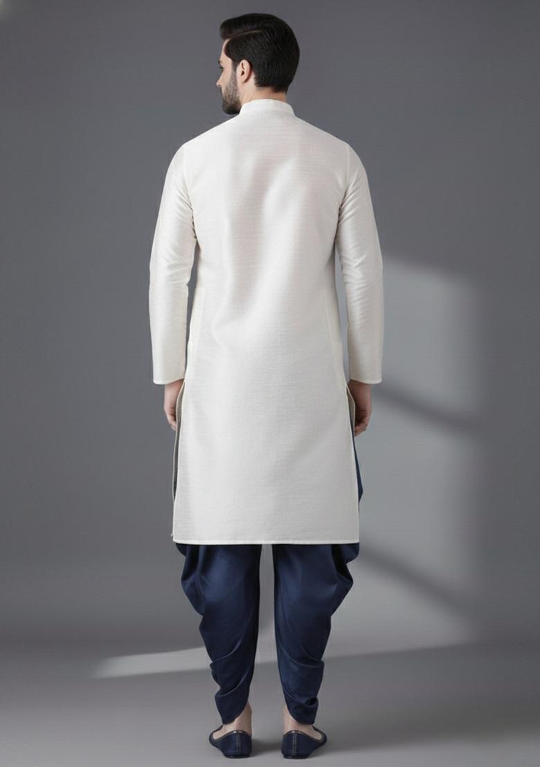 White Embroidery Silk Kurta Set For Men - Indya