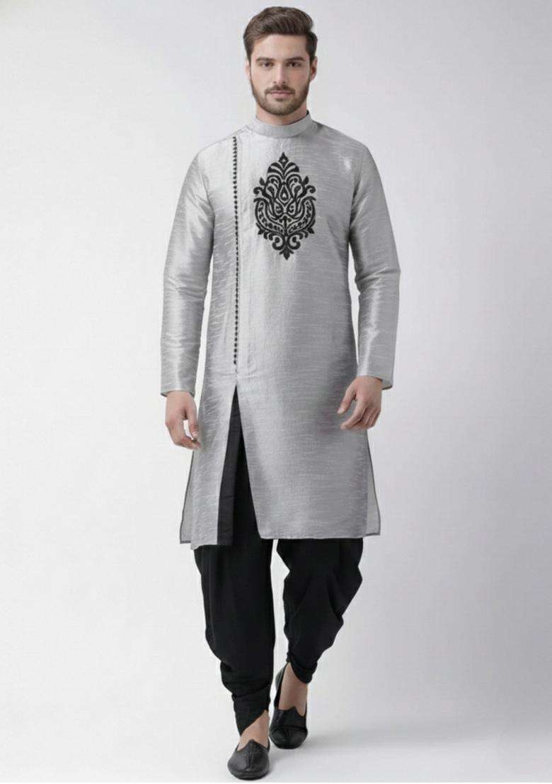 Grey Embroidery Silk Blend Kurta Set For Men - Indya
