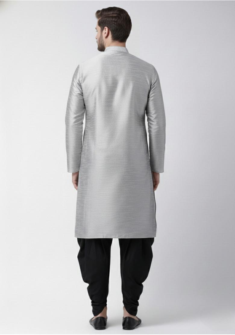Grey Embroidery Silk Kurta Set For Men - Indya
