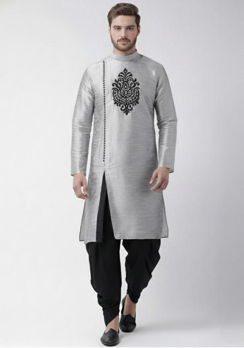 Grey Embroidery Silk Kurta Set For Men