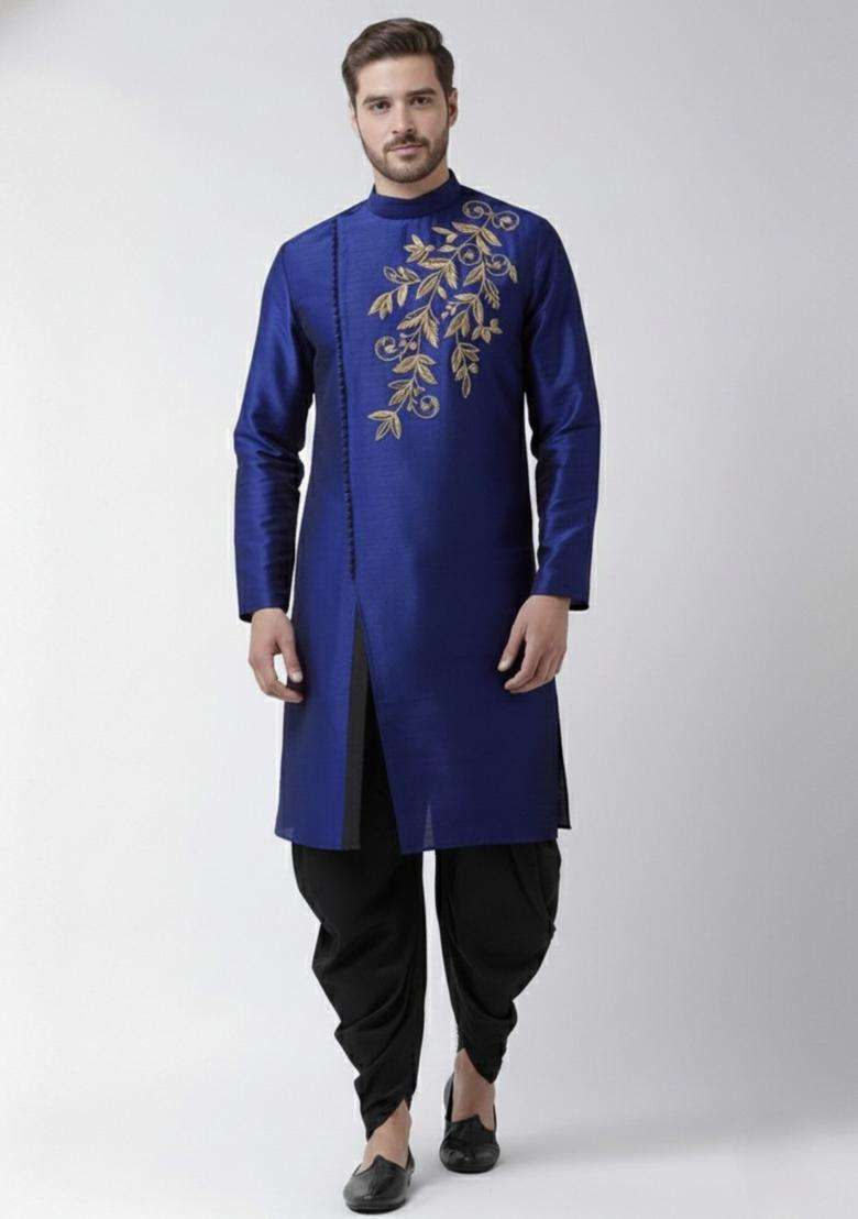 Royal Blue Embroidery Silk Blend Kurta Set For Men - Indya