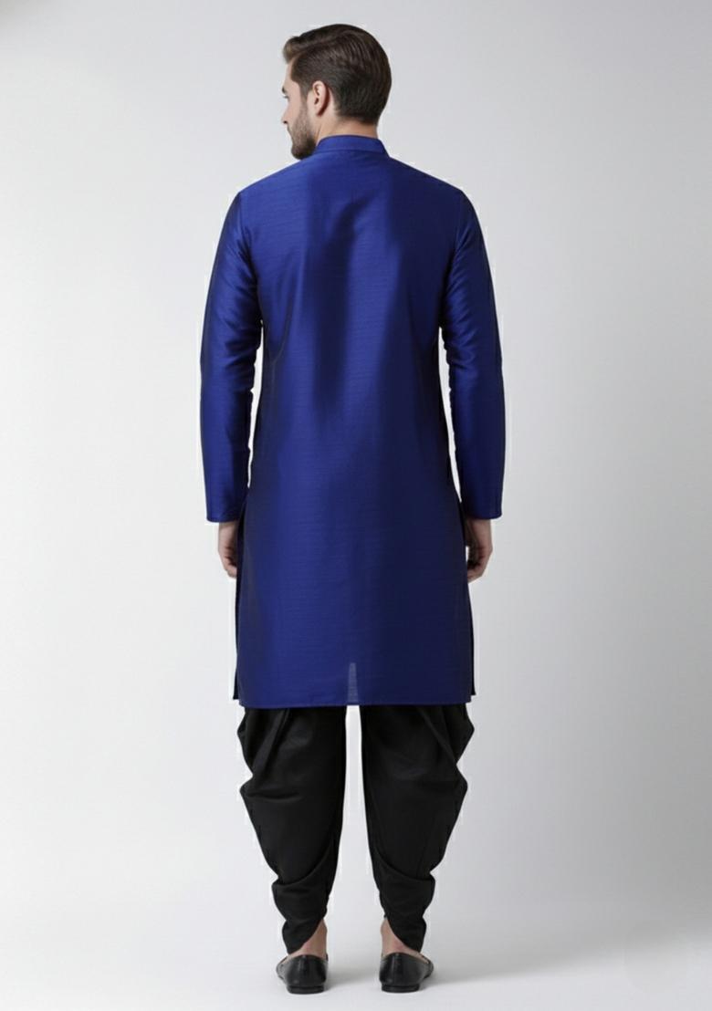 Royal Blue Embroidery Silk Kurta Set For Men - Indya