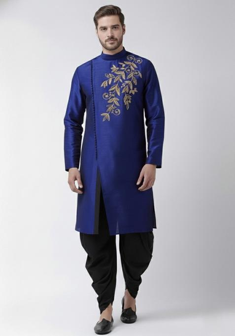 Royal Blue Embroidery Silk Kurta Set For Men
