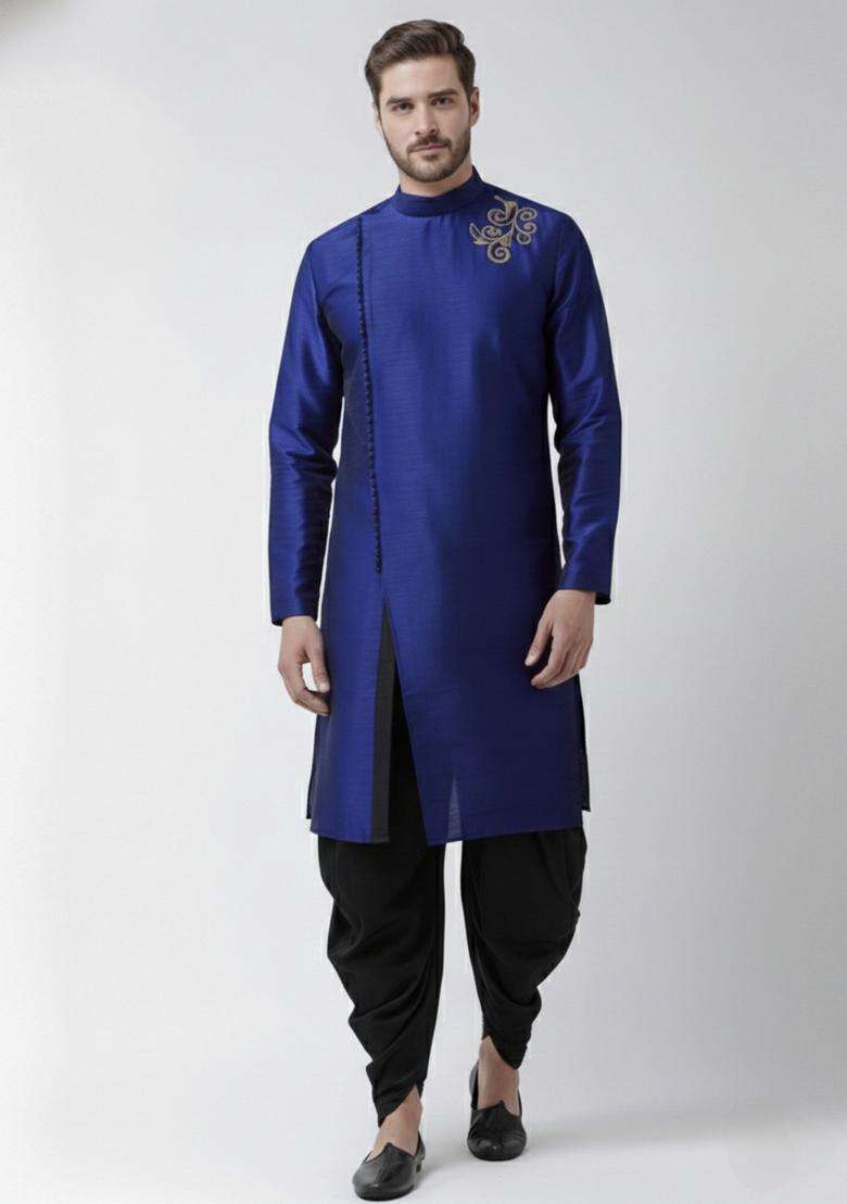 Royal Blue Embroidery Silk Blend Kurta Set For Men - Indya